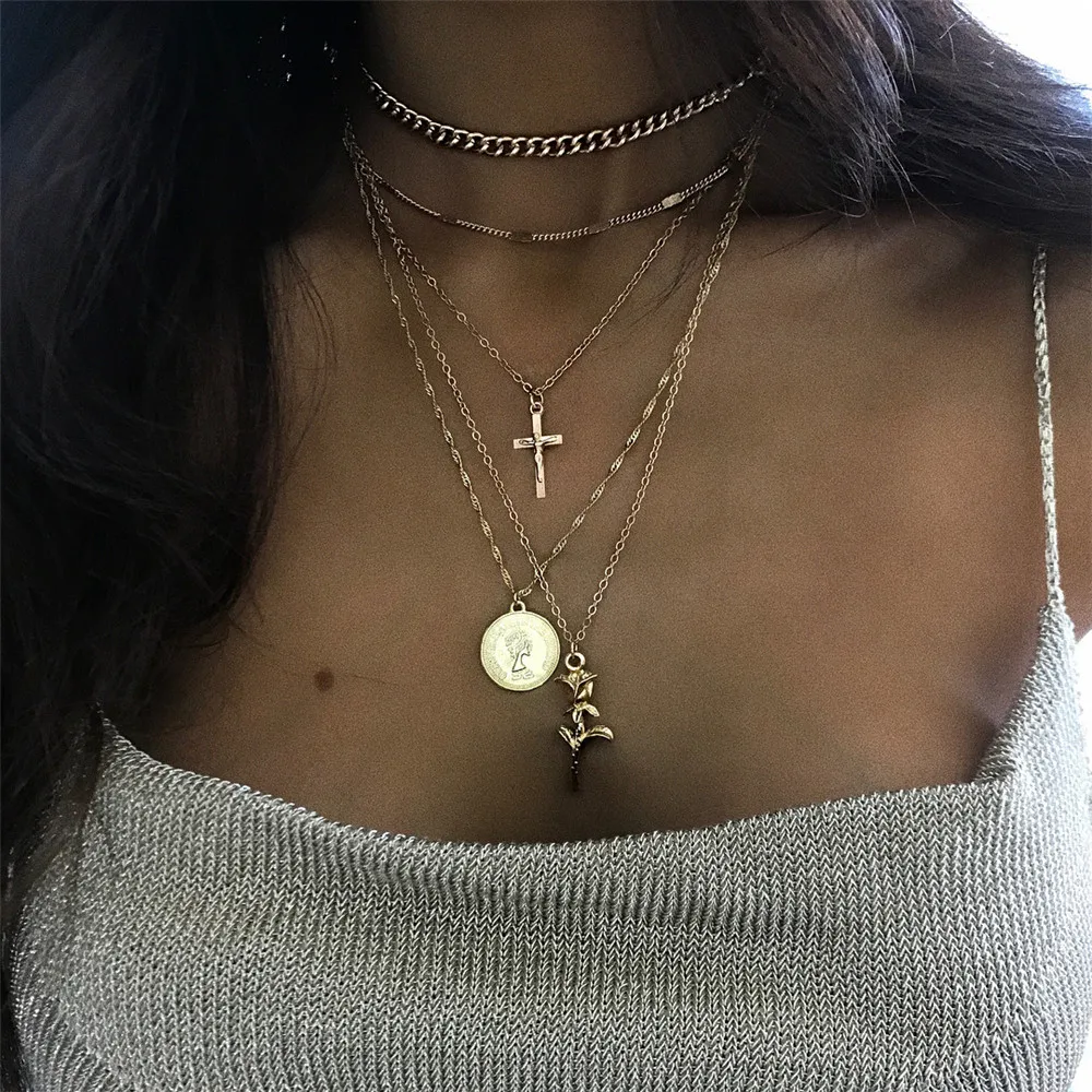 

Elegant Gold Color Cross Rose Flower Choker Necklaces & Pendants Women Coin Pendant Multilayer Necklace Religion Chokers