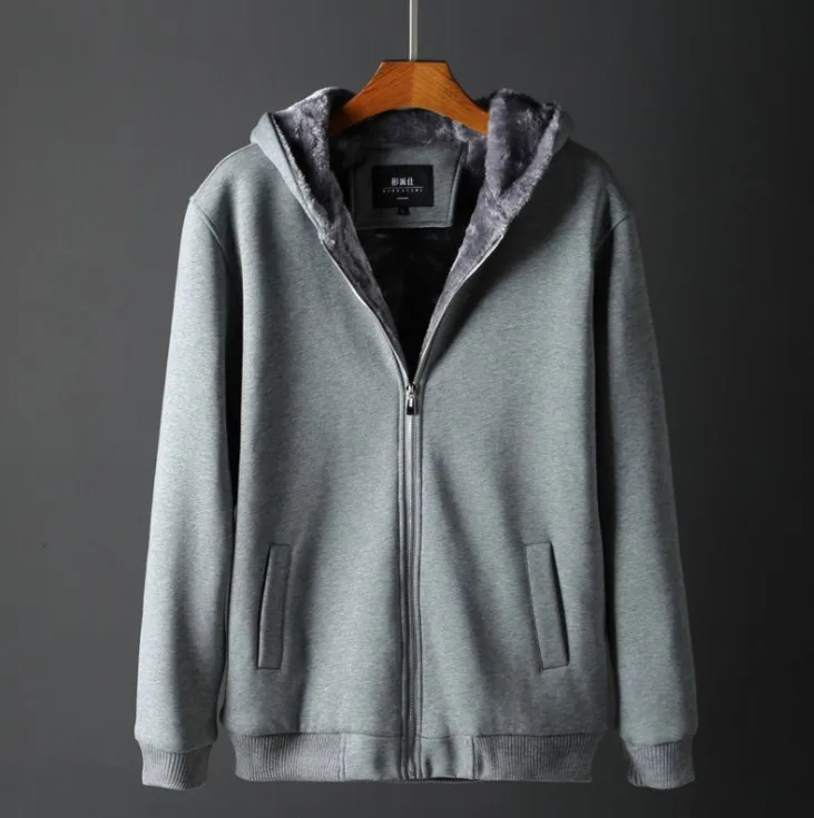 Серый Autumn Winter Thick Warm Plus Size Hoodies Men Long Sleeve Velvet Casual Sweatshirt Jacket Mens Hooded Zipper Coat Xl5104 - Цвет: Серый