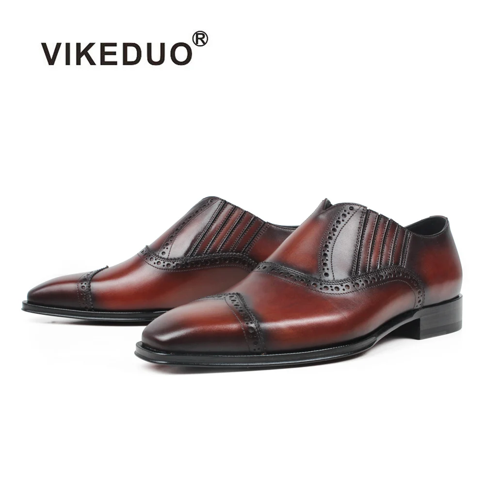 VIKEDUO Italy Loafers For Men Brown Patina Fashion Men's Shoes Casual Leather Male Brogue Wedding Office Slip-On Footwear | Обувь