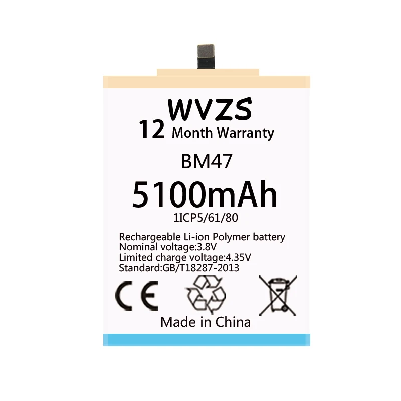 Wvzs 5100 мАч литий-полимерный сменный аккумулятор BM47 для Xiaomi Redmi 3 3S 3X 4X Redmi3 Pro батареи