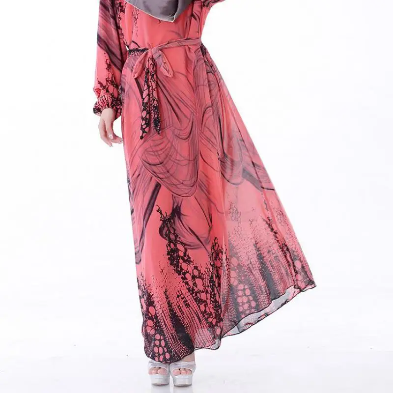Печатные Макси Dress Шифон Плюс Размер Женщины Мусульманская Одежда Мода