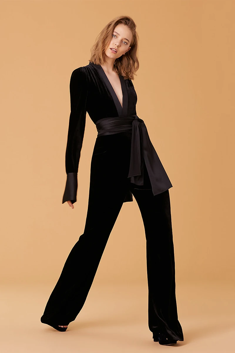 Velvet Jumpsuit Women's Deep V Neck Satin Long Sleeve - Black Elegant Slim Fit Ladies Chic Runway Clothing image 5