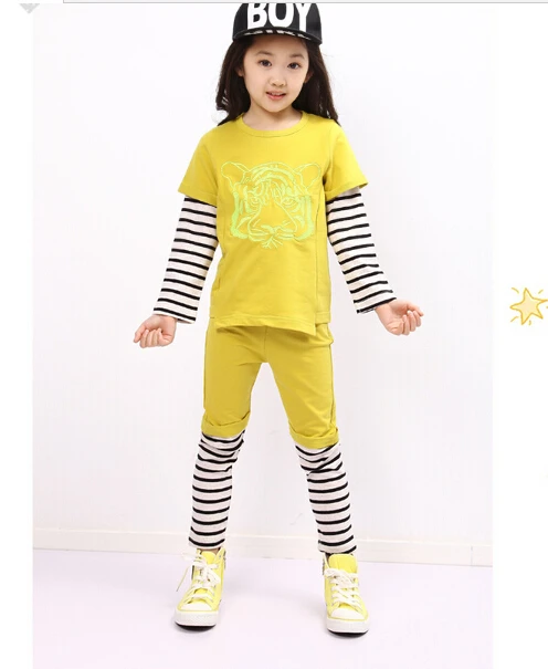 New Hot Fashion Gothic Punk Girl Boys Casual Tracksuits Patchworl Stripes Long Sleeve+Pant 2Pieces Sportswear Tiger Head Printe | Детская