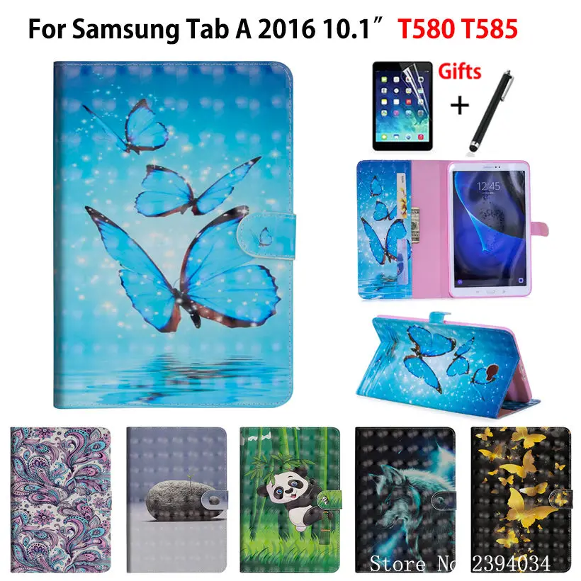 SM-T585 Case For Samsung Galaxy Tab A A6 10.1&quot 2016 SM-T580 T585 T580 Cover Funda 3D Cartoon Animal painted Skin Shell+Film+Pen |