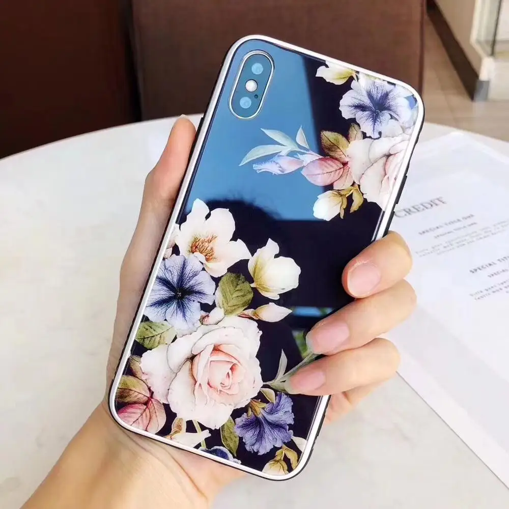 black Casonpai роскошный цветочный стеклянный Жесткий Чехол для iPhone XS Max XR чехол для телефона с цветочным рисунком для iPhone X 7 8 6 6S Plus чехол s Coque - Цвет: black