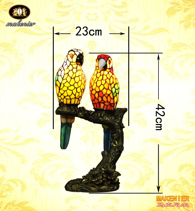 Винтажная настольная лампа для влюбленных попугаев в стиле Тиффани Makenier | Лампы и