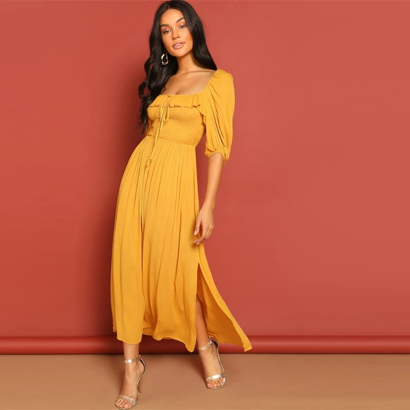 SHEIN Яркое Платье В Стиле Бохо С Длинным Рукавом, Летнее Длинное Платье С Разрезами И Глубоким Вырезом