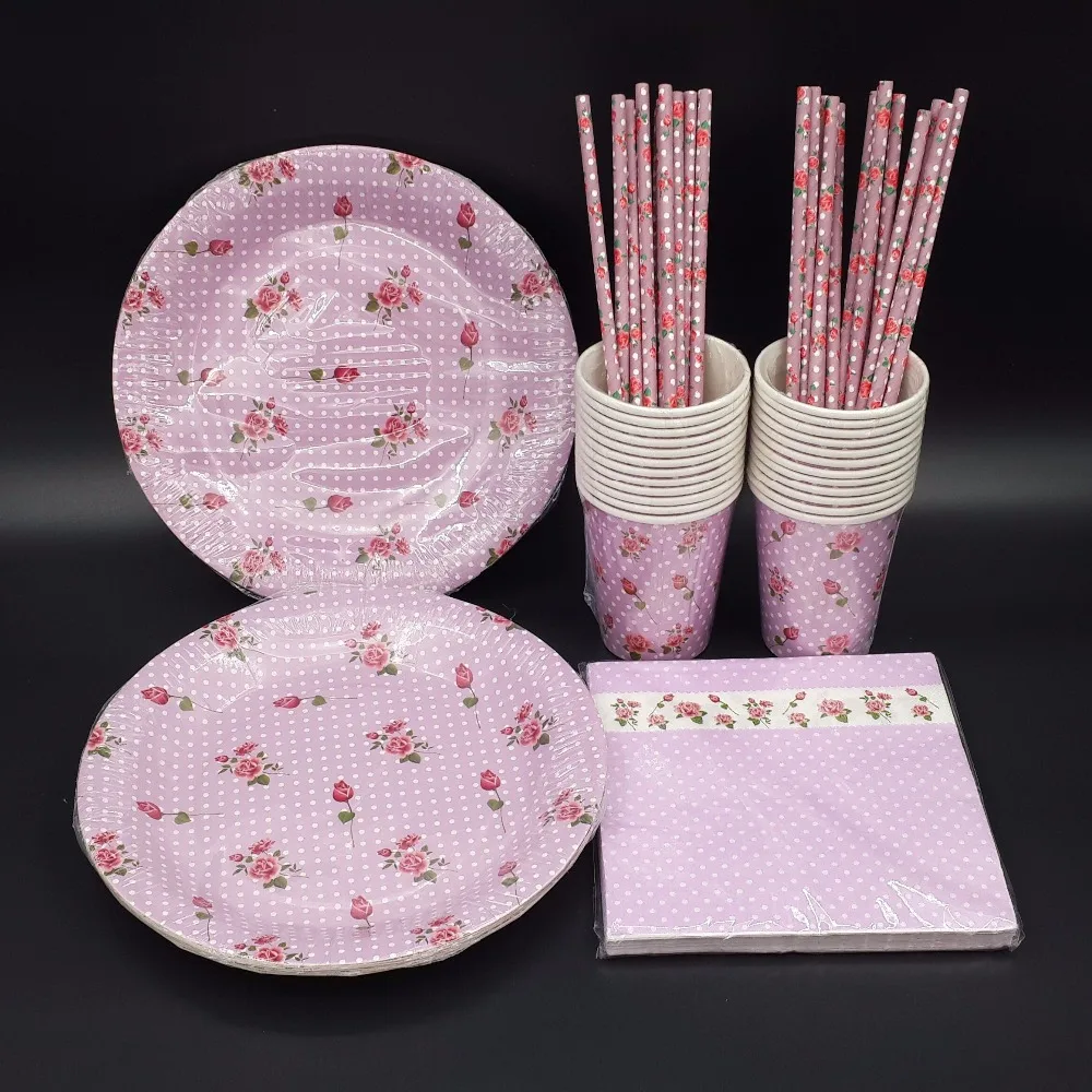 Pink purple Tableware Party paper plate cups napkins straw Boy baby shower wedding decoration |