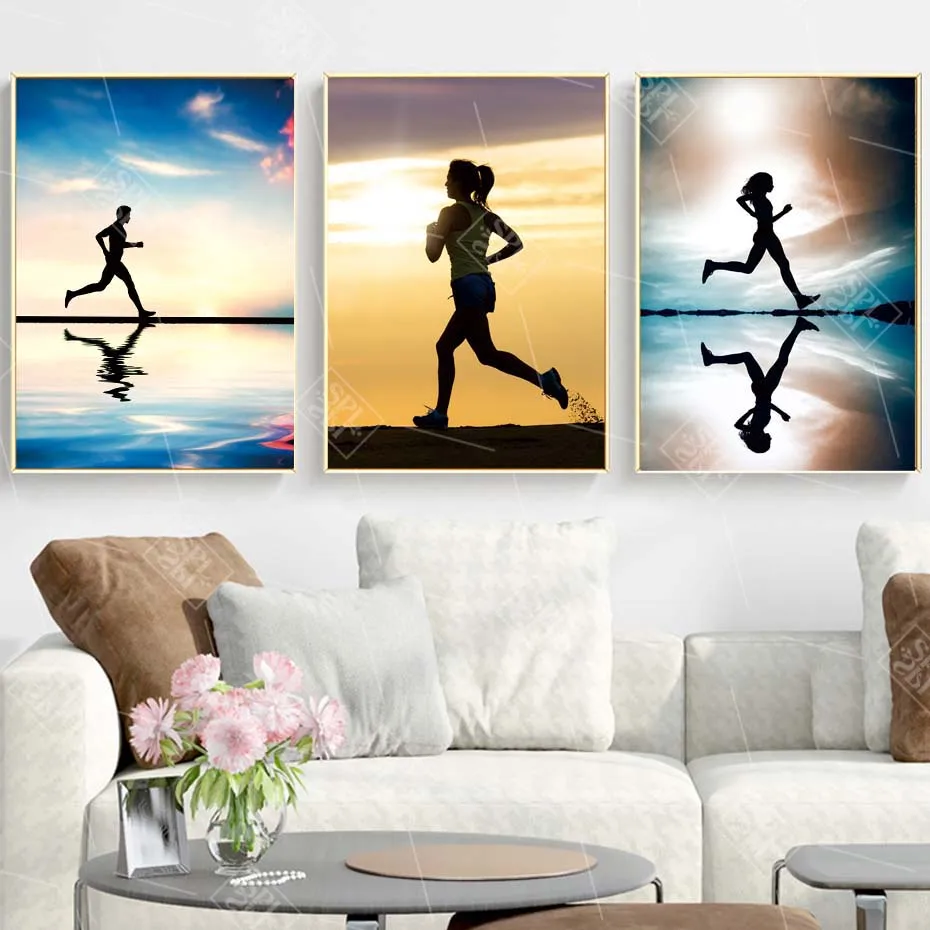 

Modern Home Decoration Canvas Painting Sunset Landscape Posters and Prints Sport People Running Wall Art Picture for Living Room