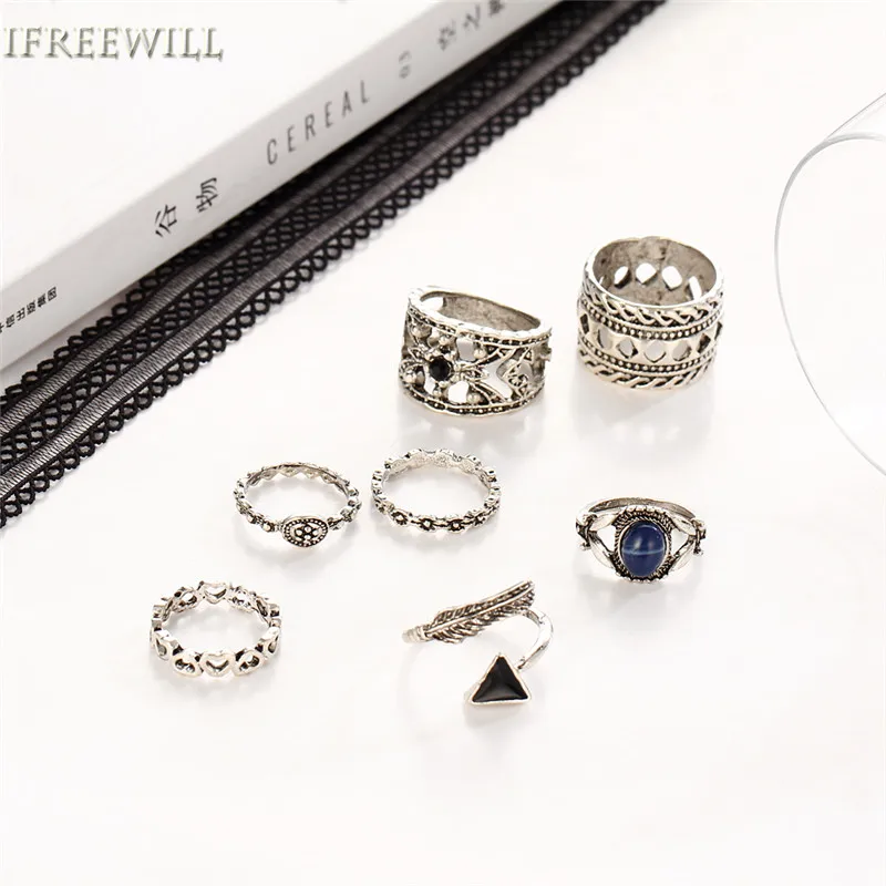 IFREEWILL Metal Woman ring Set Trendy 7 piece suit Blue Natural stone joint fashion Jewelry Wholesale Party Gift | Украшения и