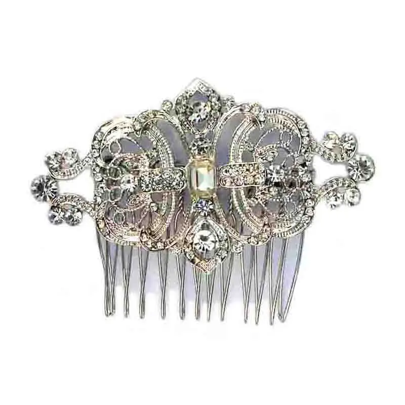 

Vintage wedding party flower women Hairwear 3pcsx crystals metal floral charm shiny rhodium hair comb ornament jewelry accessory