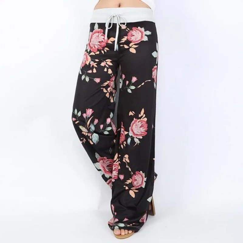 Causal Women Summer Flower Print Pants 2018 Drawstring Wide Leg Loose Straight Trousers Long Female Plus Size | Женская одежда