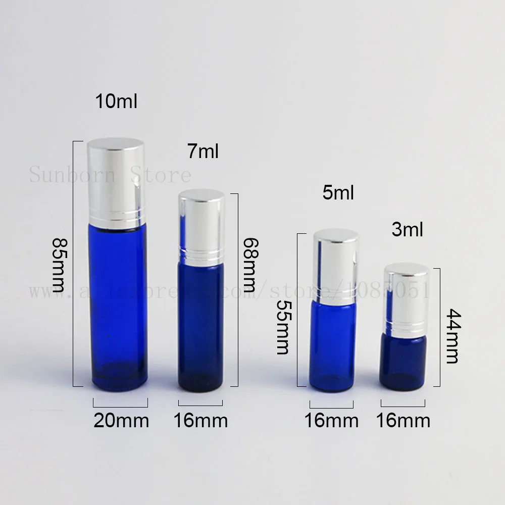 

5pcs 3ml 5ml 7ml 10ml Refillable glass Metal Roll on Bottles matte blue bottle Glass Stainless Steel Roller Ball