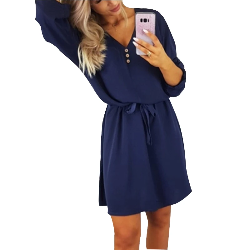 Navy Blue Мини-платье на шнуровке с коротким рукавом, летнее женское модное летнее платье, весеннее повседневное женское однотонное платье с v-образным вырезом и поясом M0468 - Цвет: Navy Blue
