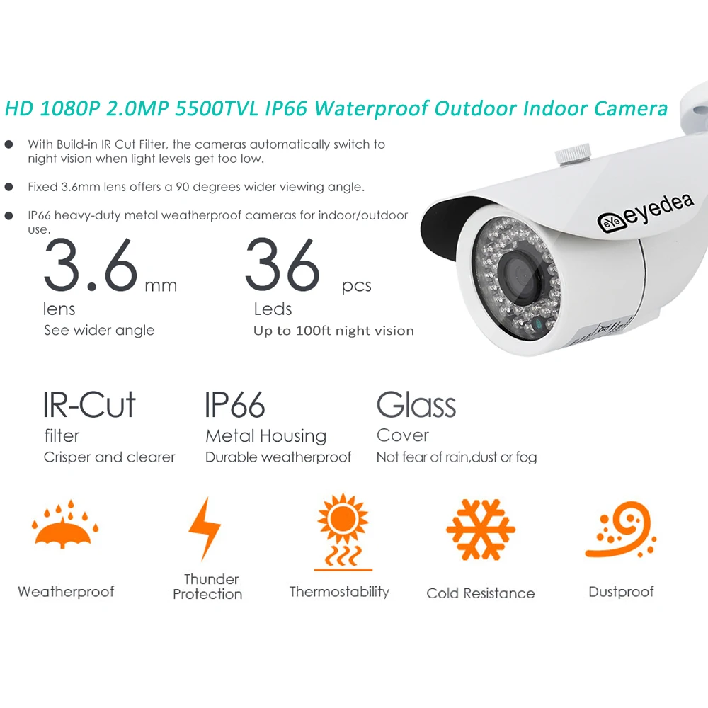 В России Eyedea 8 CH HDMI DVR 1080P 2.0MP 5500TVL детектор движения LED ночное видение открытый вид