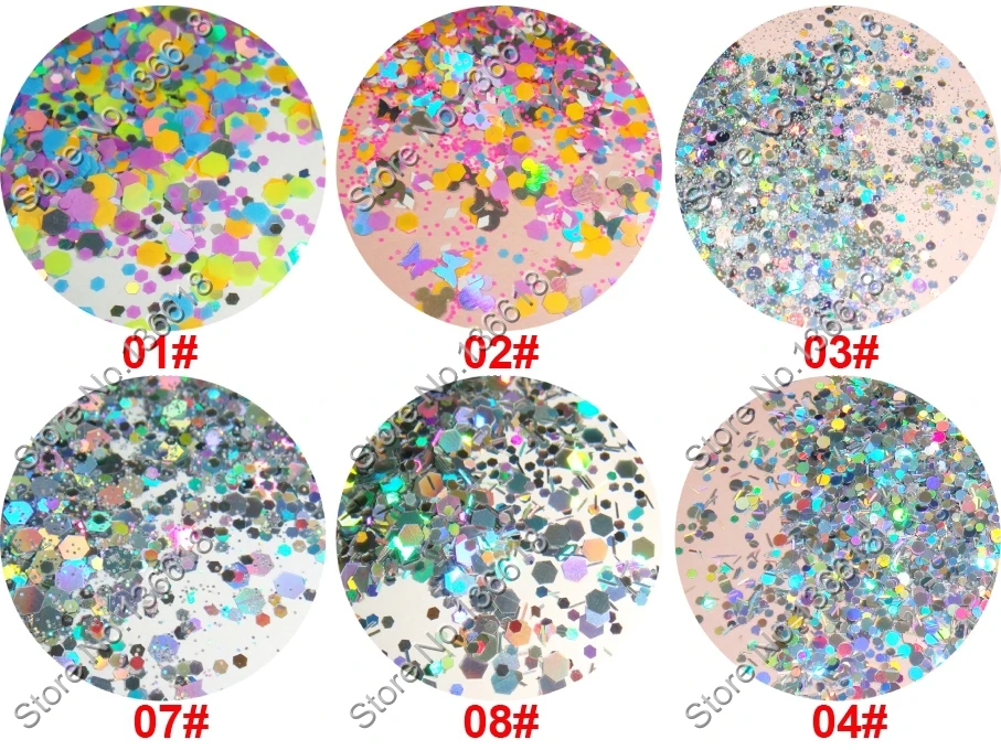 6 цветов (= 60 грамм) голографические и неоновые устойчивые к растворению блестящие