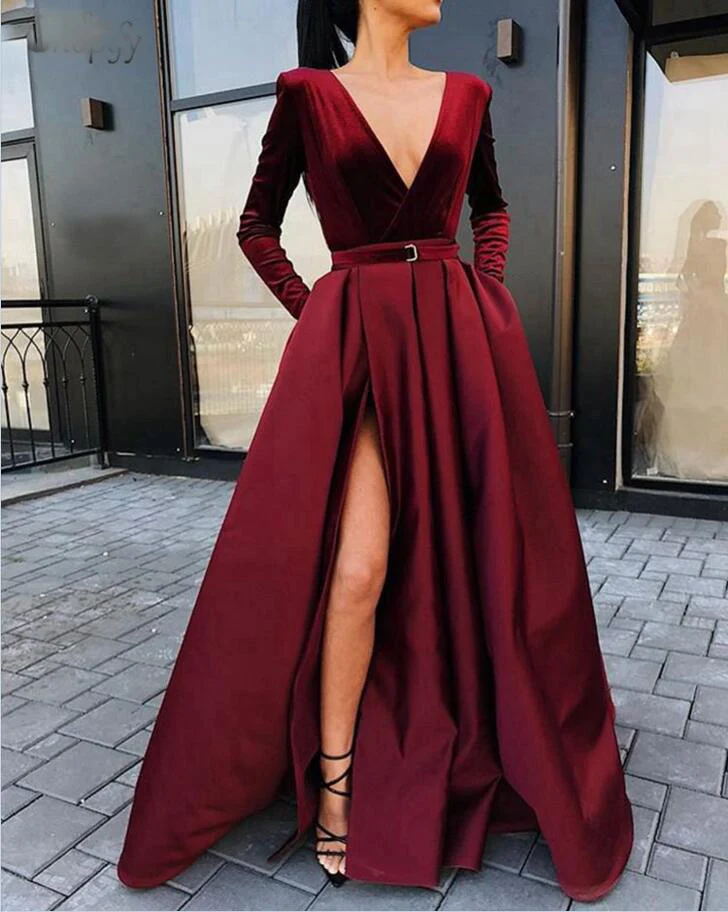 

Sexy V Neck Satin Velvet Evening Dresses 2019 Long Sleeves Evening Gowns Formal Prom Dress Long
