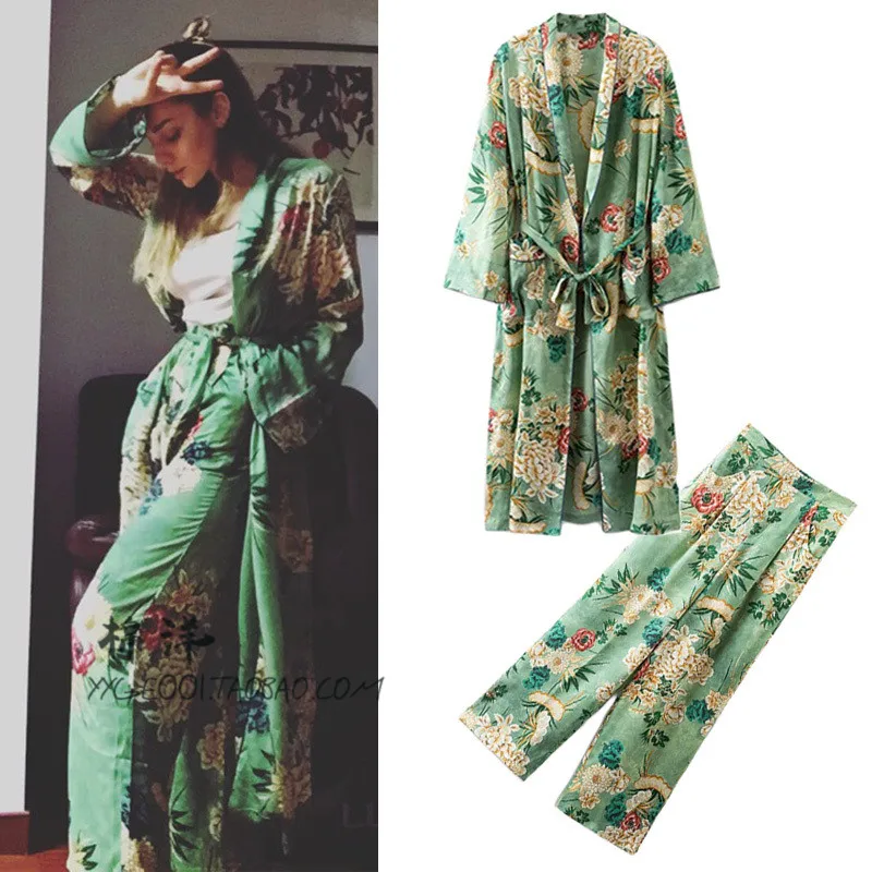 

Women's Casual Suit Women Suit Full Sleeve Long Kimono Tops And+Loose Print Wide Leg Pants 2 Piece Set Elastic Cotton Leisure