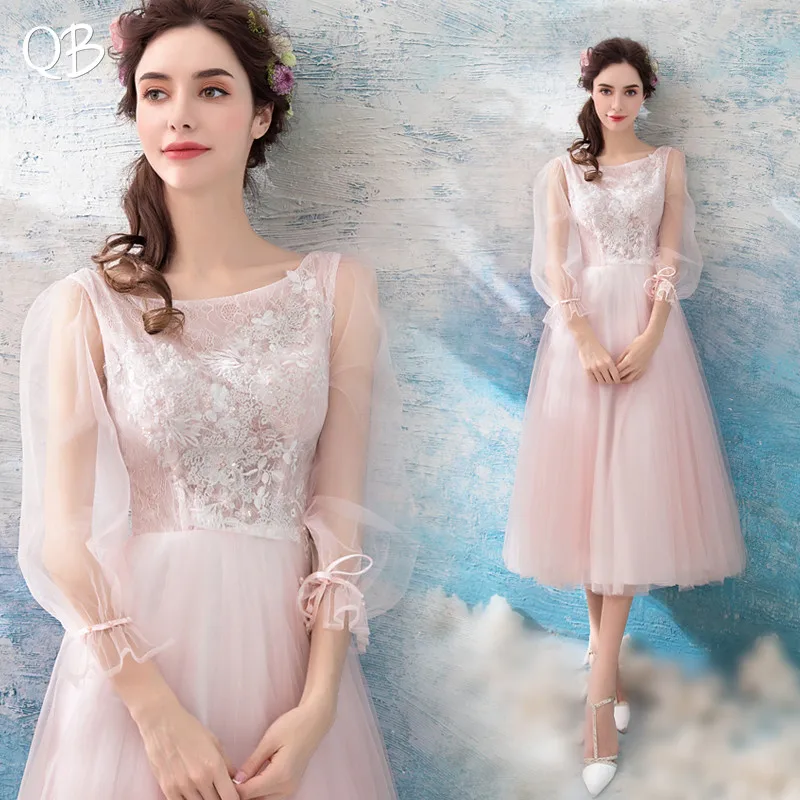 Pink Evening Dresses A-line 3 4 Sleeves Lace Beading Prom Party Dress Gown Vestido De Festa SD01 | Свадьбы и торжества