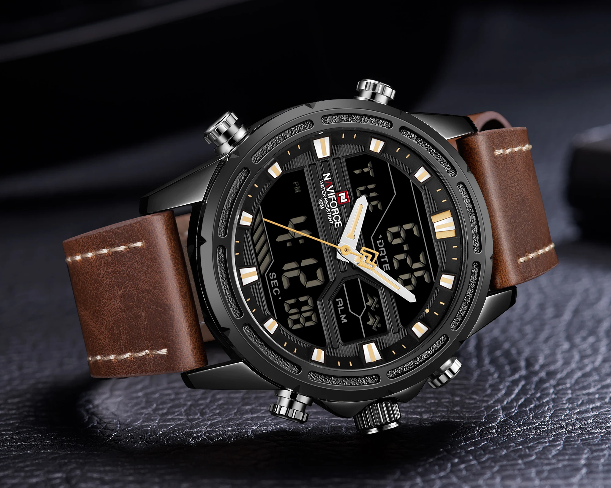 NAVIFORCE Military Mens Watches Top Brand Luxury Dual Time Quartz Sports Watch Leather Strap Waterproof LED Digital Male Clock | Наручные