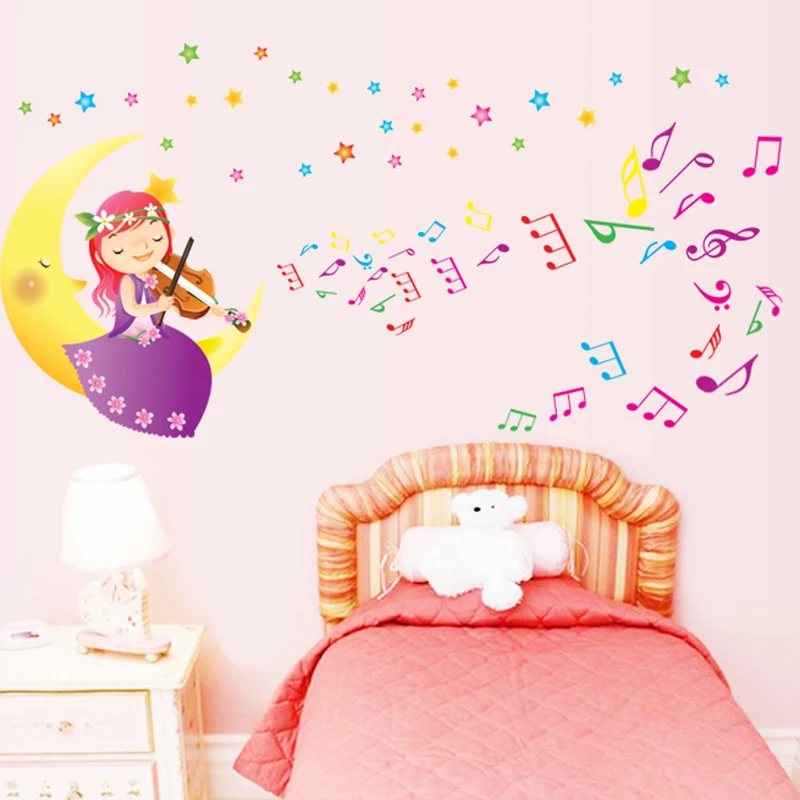 Cartoon Violin Girl Moon Boat Music Notes Wall Sticker For Kids Room Decal Child Background Stickers DIY Art Poster | Дом и сад