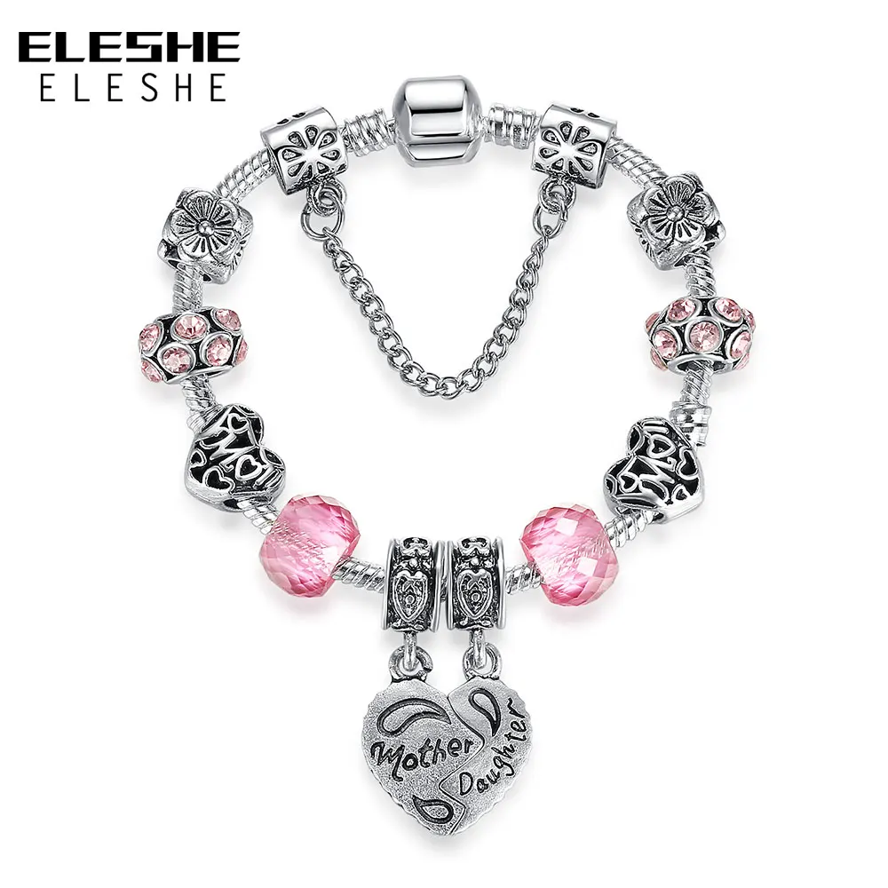 Женский браслет ELESHE серебряный в форме сердца с бусинами из муранского розового