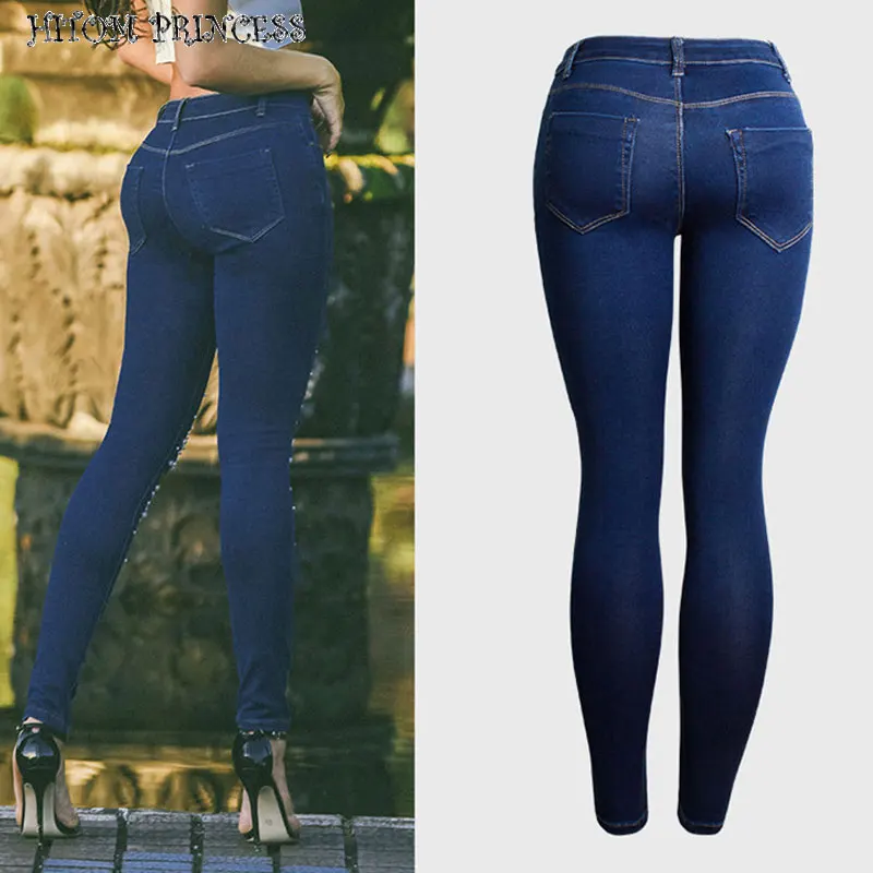 HITOM PRINCESS Streetwear Pearl Beaded Hole Ripped Denim Jeans Female Destroyed Skinny High Waist Women Pencil Pants Plus | Женская