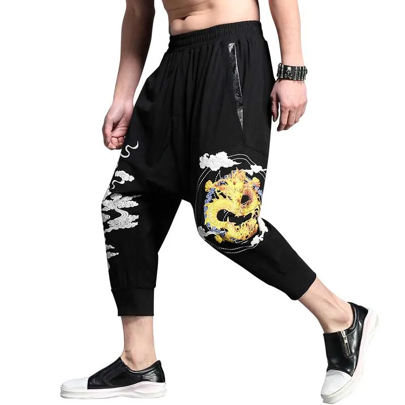 

Hip Hop Sweat Pants Calf-Length Dragon Print Pants Men Casual Harem Cotton Joggers Baggy Sweatpants Korean Fashion Clothing