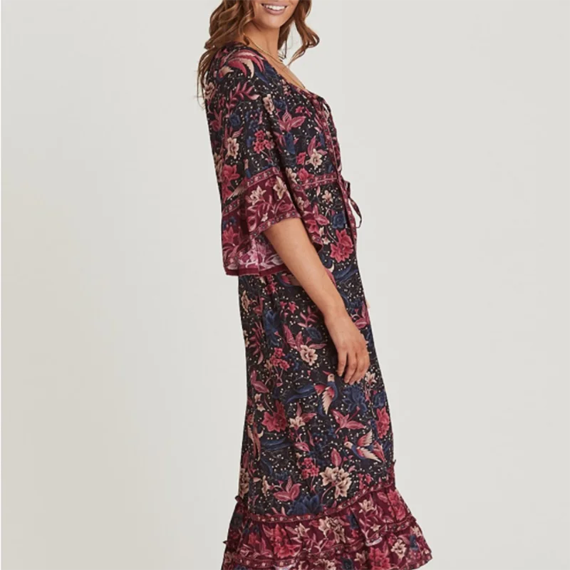 Женское свободное платье в стиле бохо JuneLove винтажное макси с цветочным принтом и