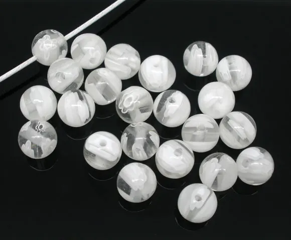 DoreenBeads стеклянные бусины шар белый цветочный узор окрашенный около 8 мм (3/8 &quot)