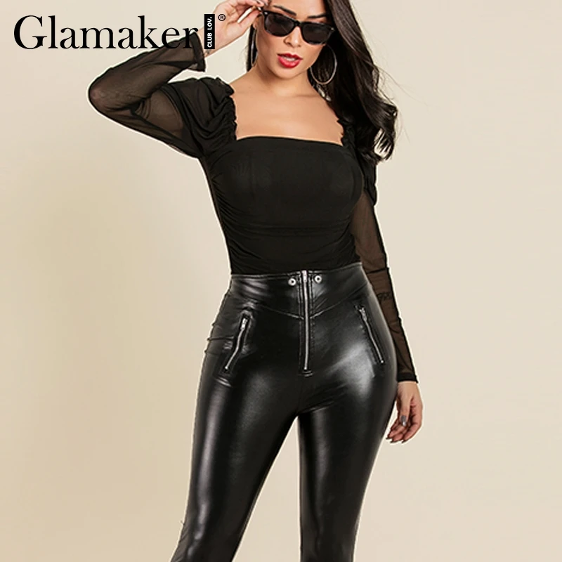 Женское прозрачное Сетчатое боди Glamaker черное облегающее с длинным рукавом