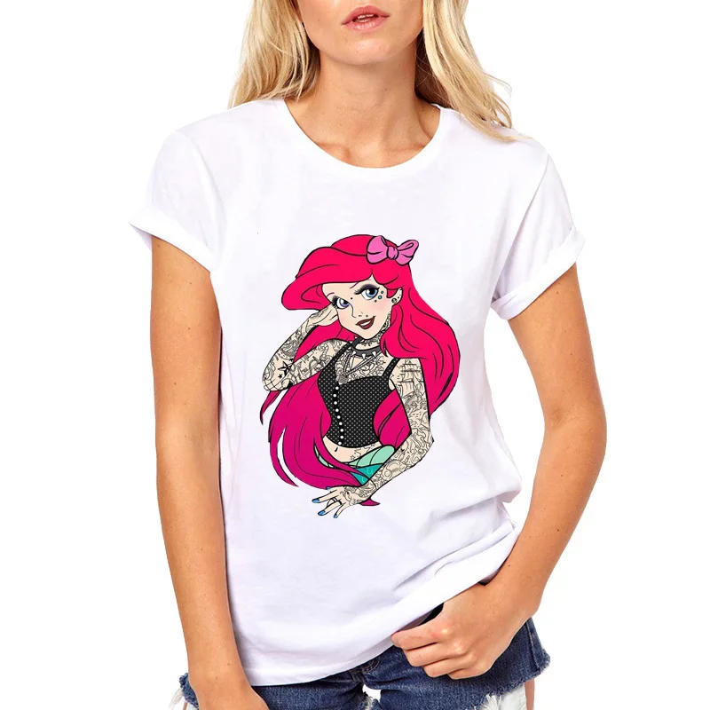 Punk T Shirt Women Cartoon Light Yellow Hair Tattoo Alice Princess Printing Top Female Tee Short Sleeve Shirts Clothing | Женская одежда