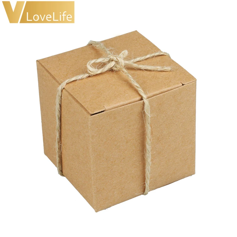 

50pcs/lot 5x5x5cm Natural Kraft Paper Wedding Candy Boxes with Hemp Rope Brown Paper Square Favor Candy Boxes For Home Supplies