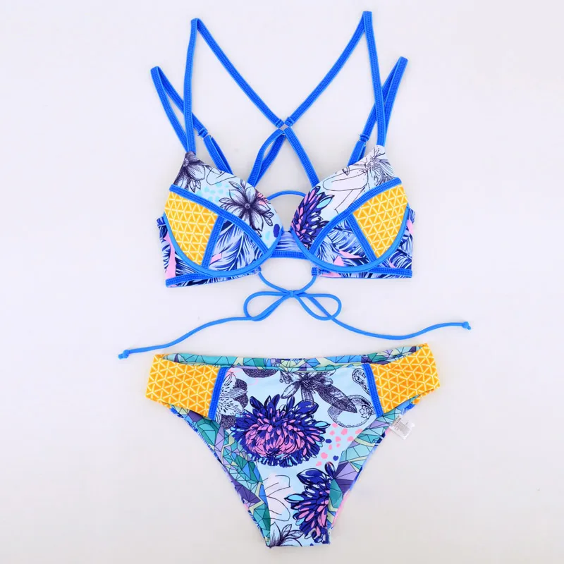 Blue Printed Bikini HELLO Пляжная Горячая женский купальник с рисунком коврик купальник пуш-ап бикини женский сексуальный купальный костюм maillot de bain бикини для плавания - Цвет: Blue Printed Bikini