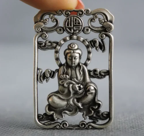 

Chinese Miao Silver Copper Carve Bodhisattva Auspicious Boy Girl Pendant Gift