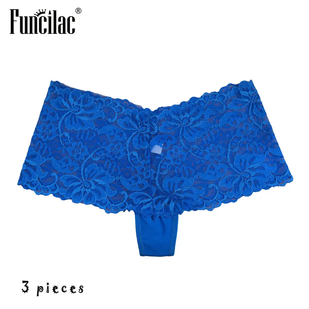 Navy blue-3 pcs Пикантные Для женщин трусики кружевные шорты-боксеры 3 шт./компл. прозрачный шорты для мальчиков; нижнее белье из хлопка розовая kawaii размера плюс нижнее белье с цветочным принтом M-XXL - Цвет: Navy blue-3 pcs