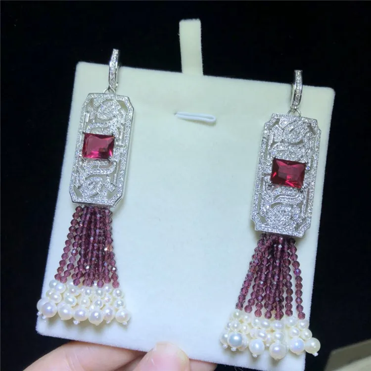 freshwater pearl white and red garnet 3mm round faceted earrings + zircon hook FPPJ wholesale beads nature | Украшения и