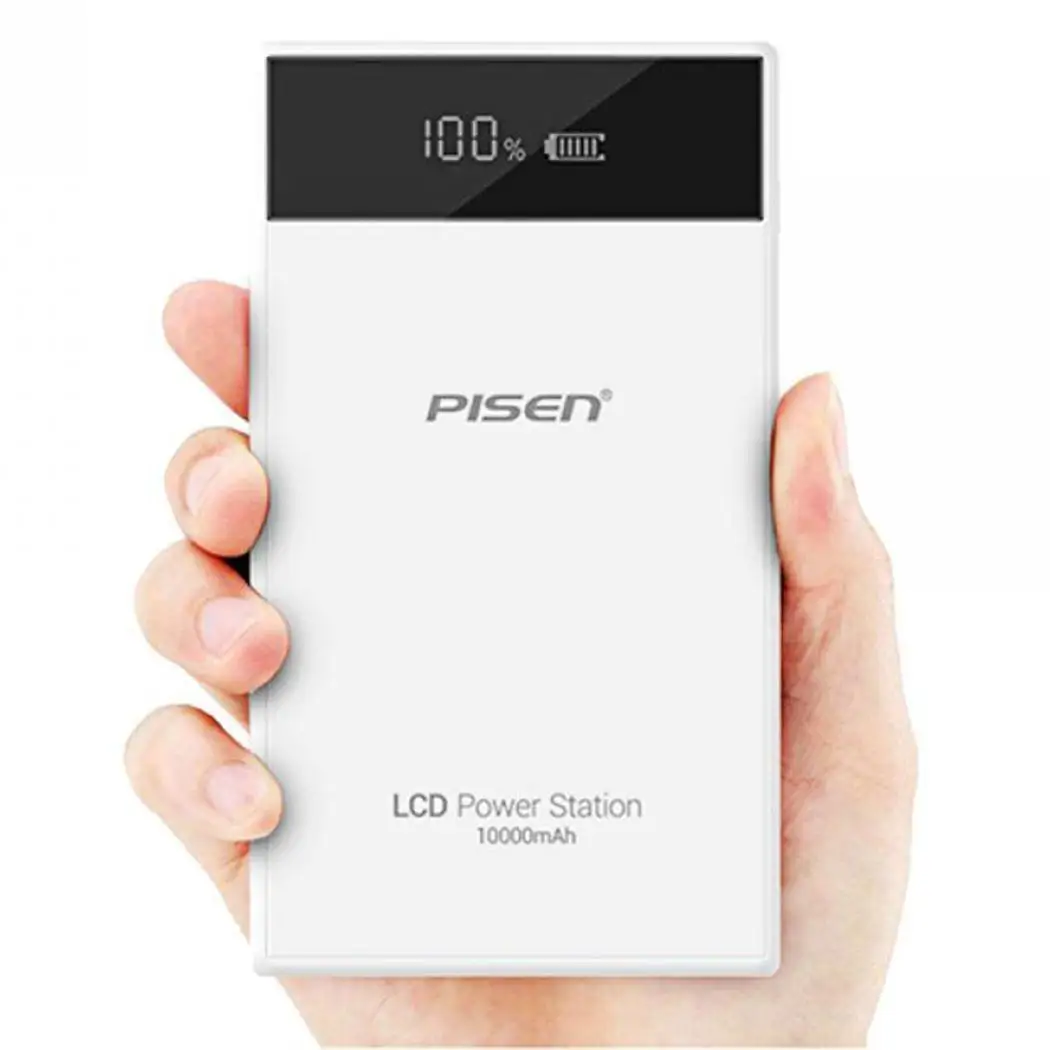 PISEN 10000 мАч портативный двойной USB выход Мобильная мощность белый ЖК-станция общий кабель 5 в 2A аварийное зарядное устройство