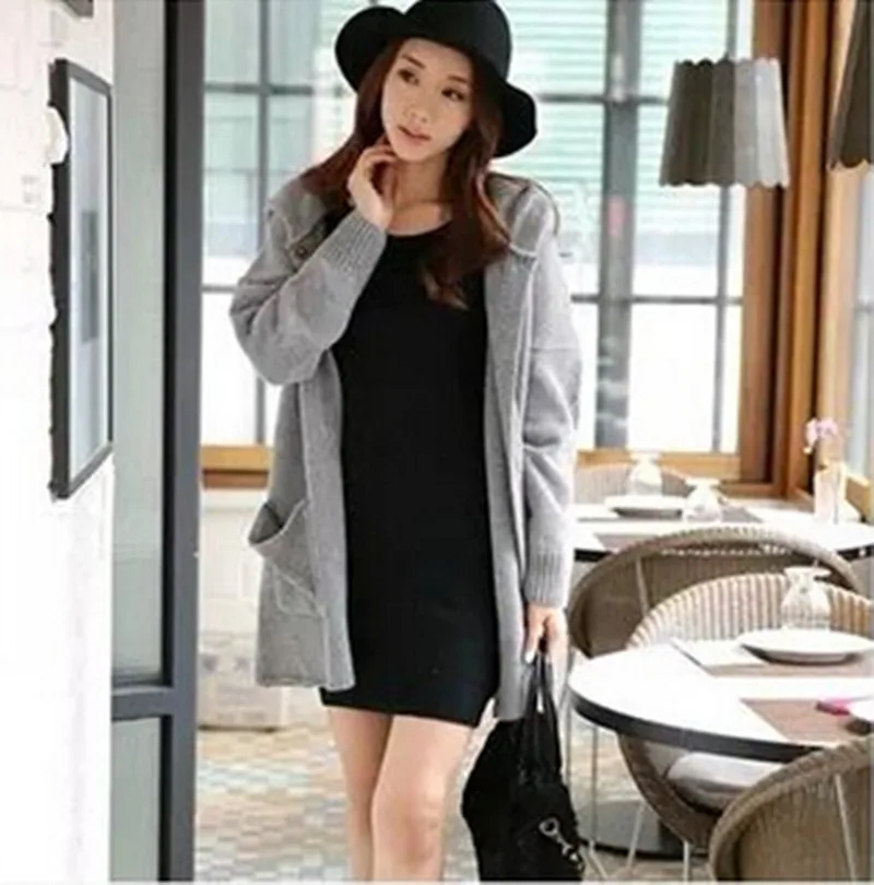 

Nice Spring Autumn Pop Tideing Cardigan Women Full Sleeve Long Loose Knitted Cardigans Hooded Sweater For Young Lady A258