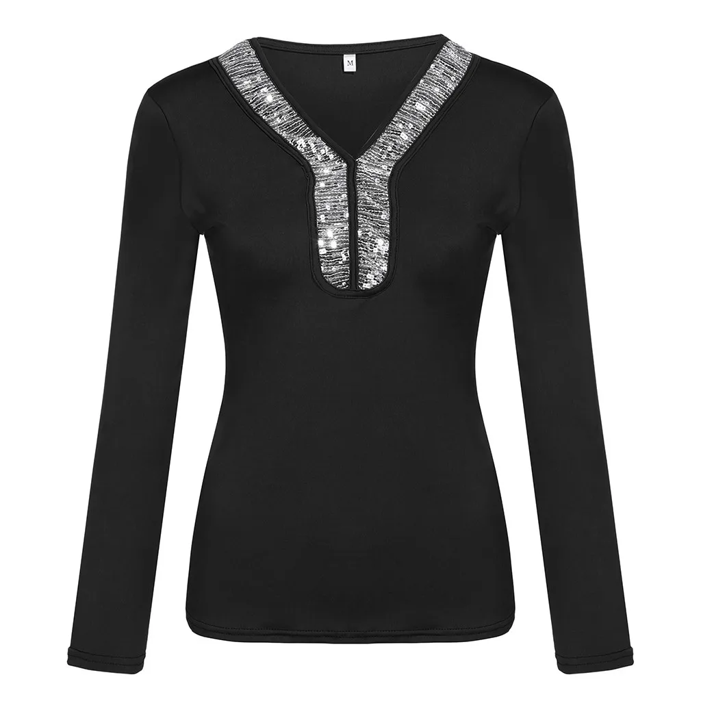 Женская блузка с V-образным вырезом длинным рукавом и блестками | одежда