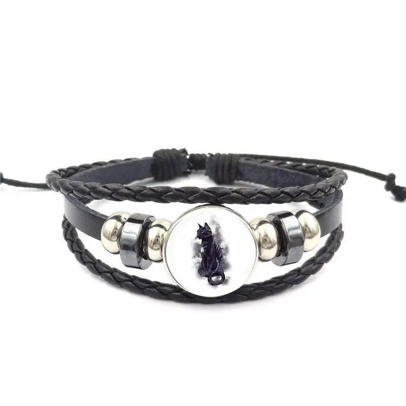 Изящное стекло EJ Glaze Cat Sidhe для подарка на День Валентина - Модный черный кожаный браслет-браслет Vintage.