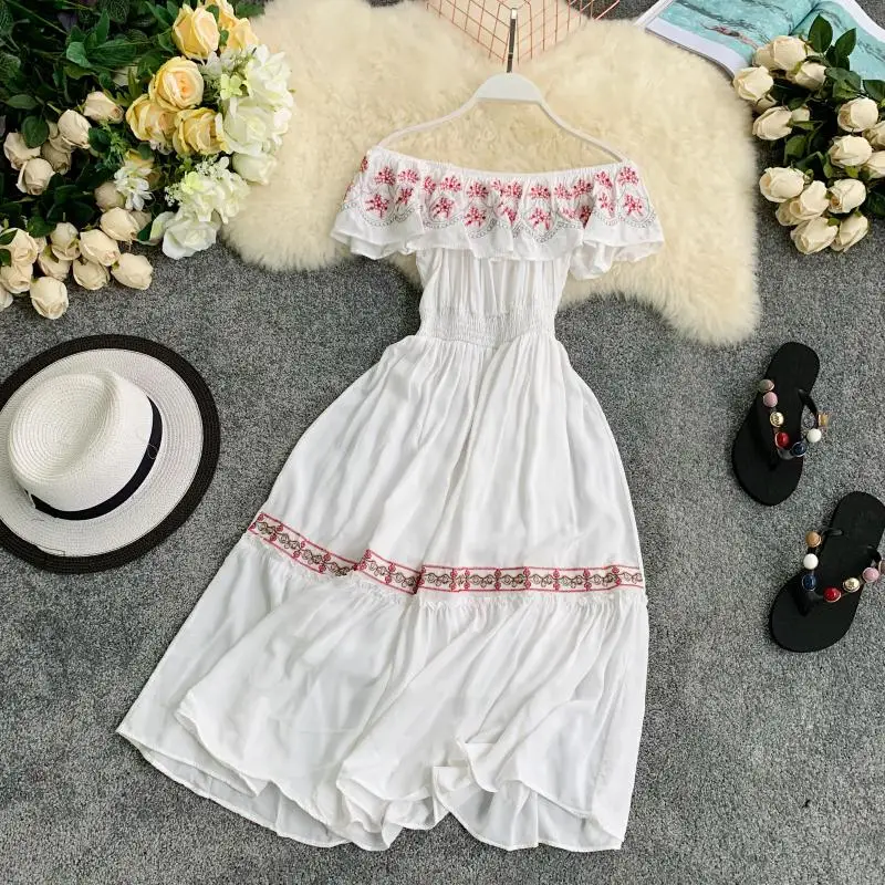 Для женщин Boho Стиль платья Новое лето Slash шеи сексуальная с Shouldre белый длинный