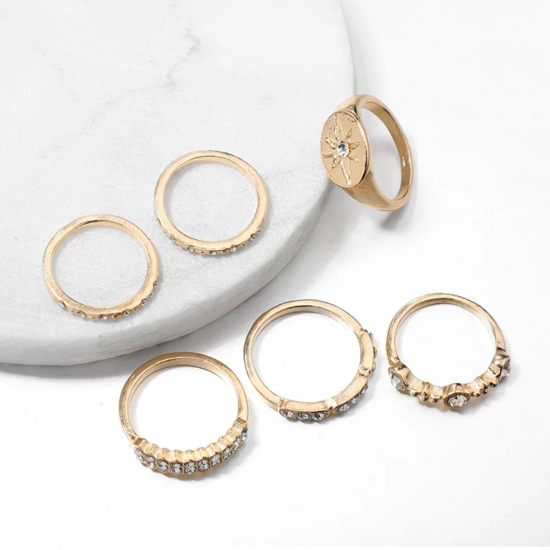 Bohemia Gold Color Crystal Finger Ring Set For Women Girls Cubic Zirconia Geometric Wedding Band Rings Fashion Anillos Bijoux | Украшения и