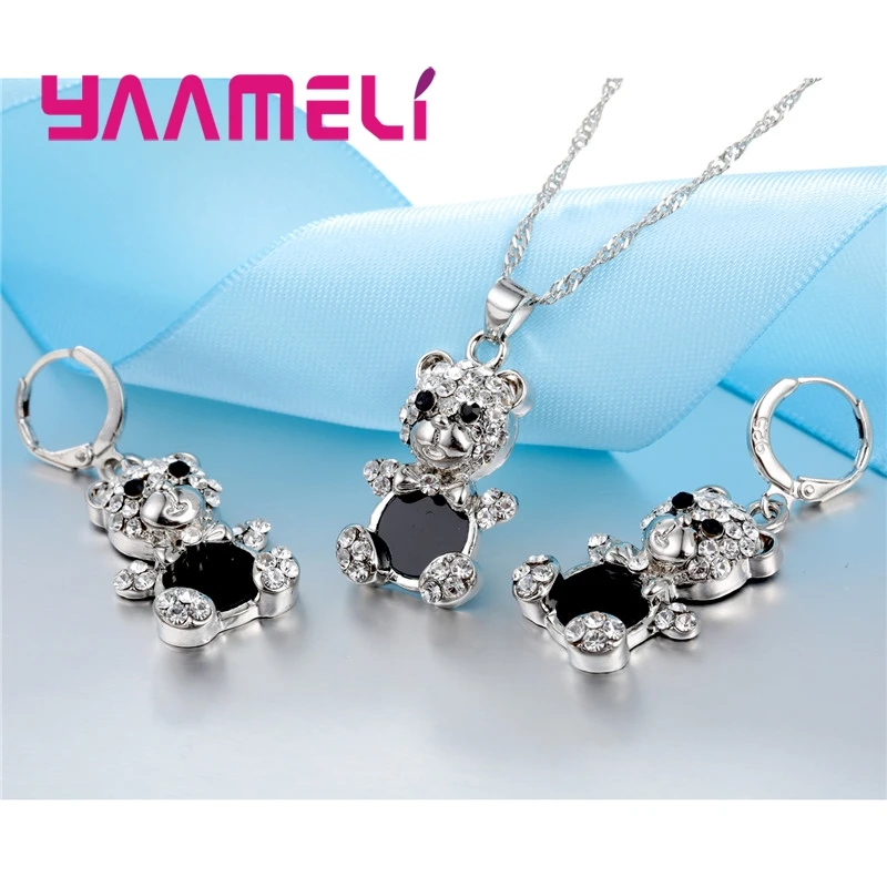 Lovely Bear Pendant Necklace Earrings for Women Female 925 Sterling Silver Austrian Crystal Bridal Jewelry Sets | Украшения и