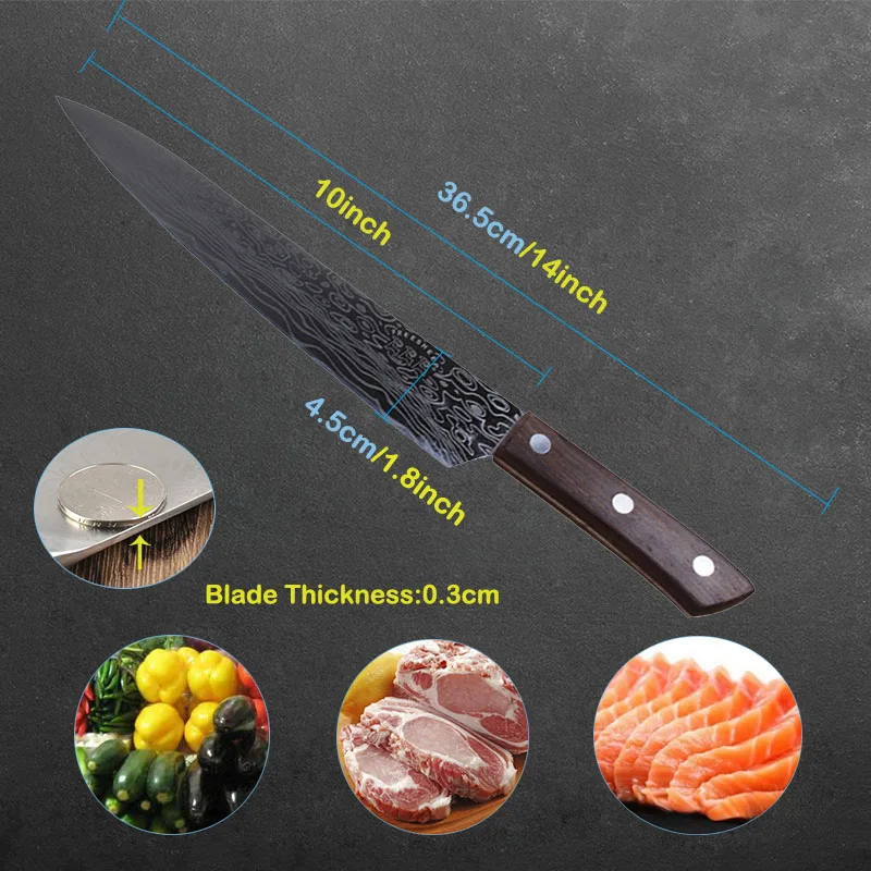 10 inch FHEAL кухонный нож поварские ножи 8 9 10 дюймов 3Cr13 высокоуглеродистая Нержавеющая сталь имитация Дамасского овощей нож сантоку - Цвет: 10 inch
