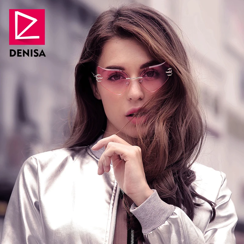 Женские солнцезащитные очки без оправы DENISA розовые с кошачьим глазом UV400