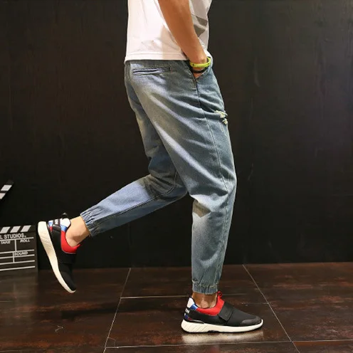 

2020 Fashion New Cotton Elastic Waist Casual Denim Pants For Men Light Blue Slim Fit skinny Jeans Male