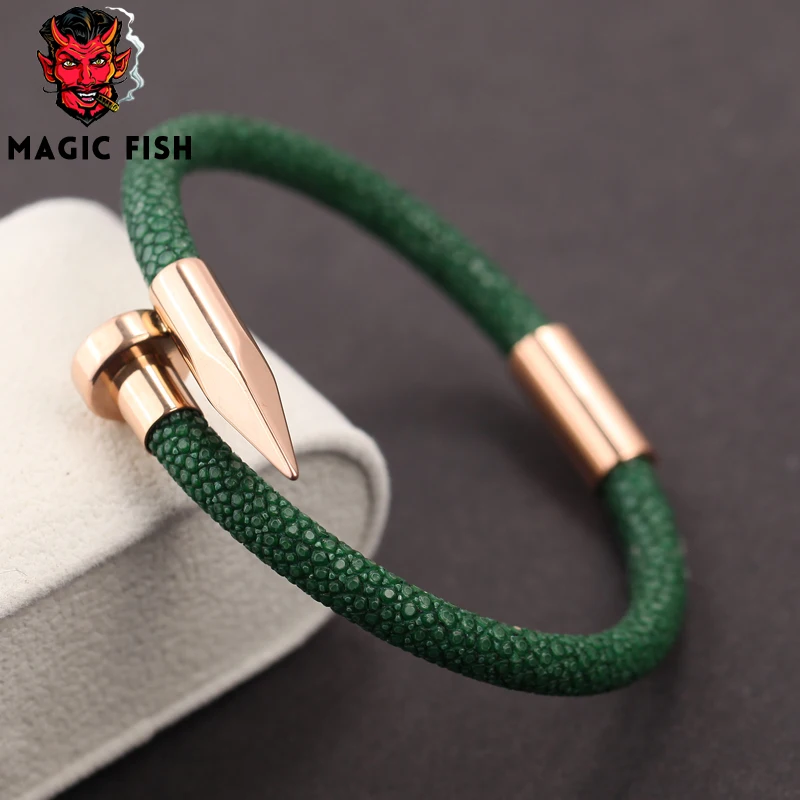 Браслеты Magic Fish браслеты для мужчин темно зеленая кожа ската розовое золото
