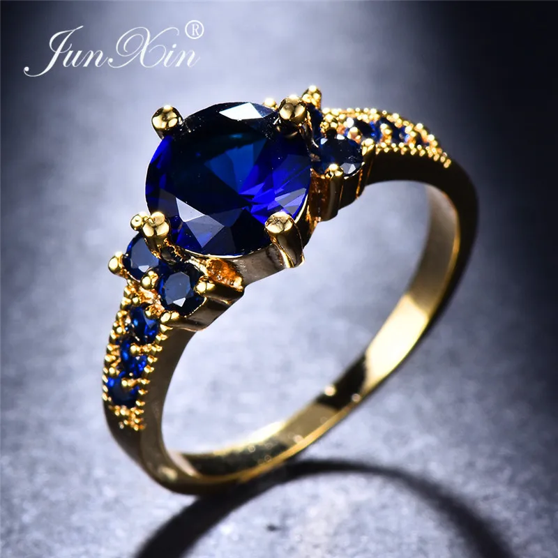 Blue Ring JUNXIN многоцветный циркон кольца с камнем рождения для женщин мужчин желтого золота заполнены круглый фиолетовый синий обручальное кольцо из кубического циркония женский - Цвет основного камня: Blue Ring