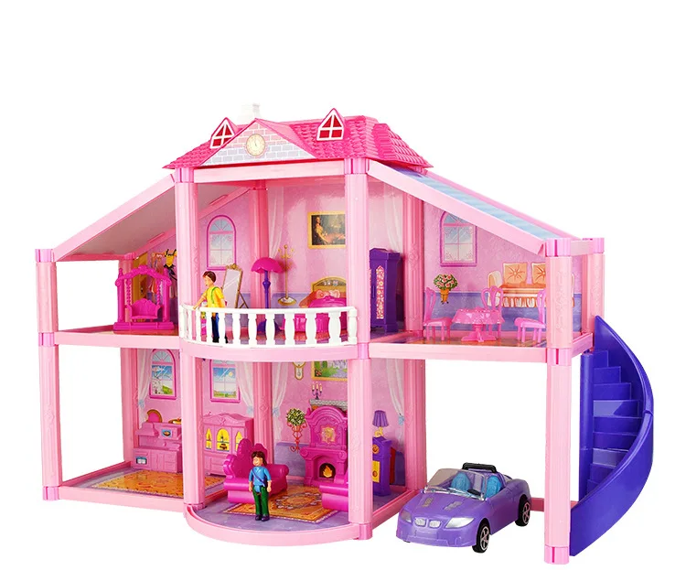 

Big House For Dolls Plastic Miniature House Models Kits Diy Toy Play Doll Accessories Villa Car Bed Man Kids Girls Dollhouse Toy